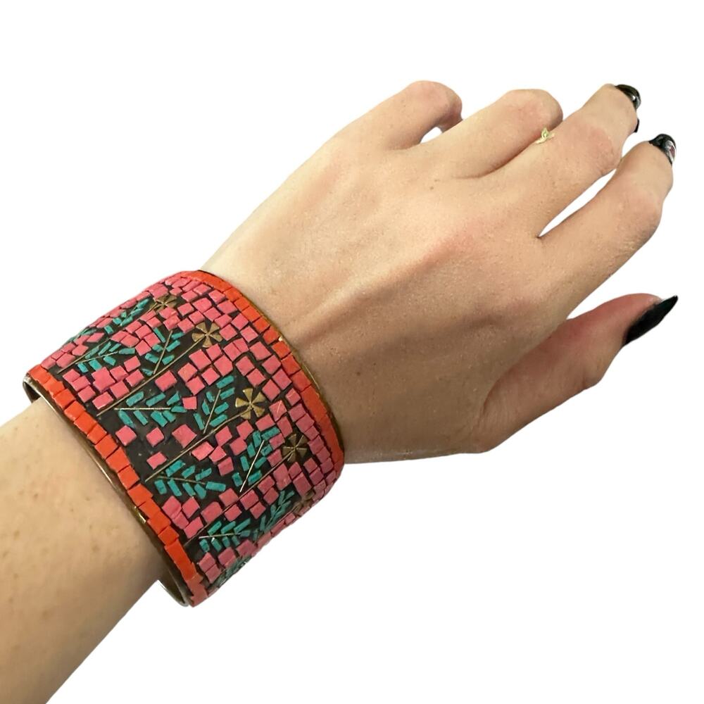 Brass Mosaic Wide Cuff Bracelet Vintage Floral Boho